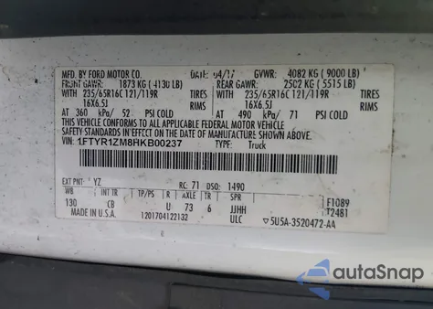 2017 Ford Transit-250 from USA, damaged, VIN 1FTYR1ZM8HKB00237